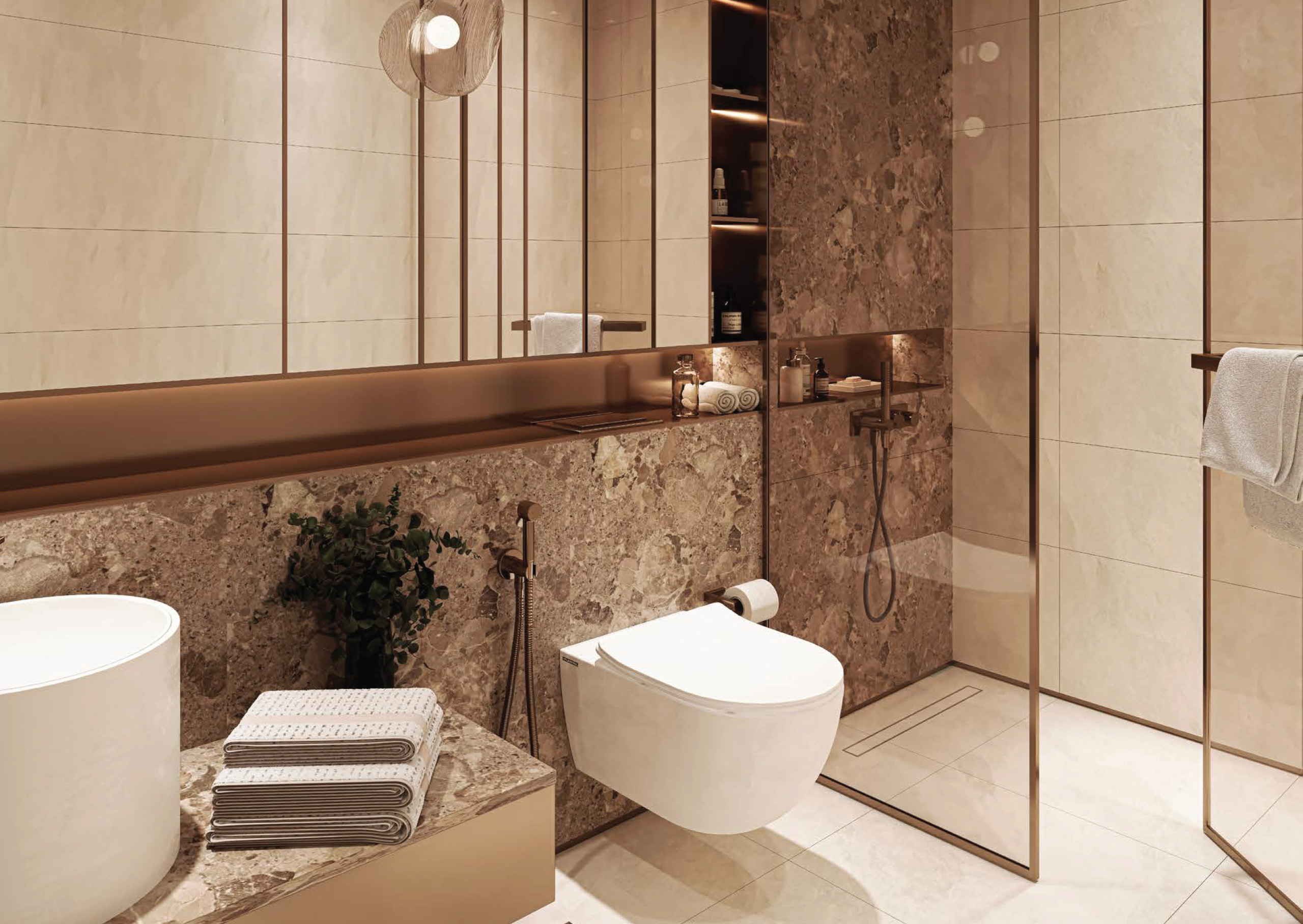 Luxury marble bathroom interior at Sea cliff residences by Imtiaz featuring walk-in-shower and premium fitings.